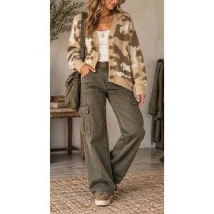 Lucky Brand Sweater Womens Large Tan Camo Wool Blend Cardigan Boho Casual Y2K